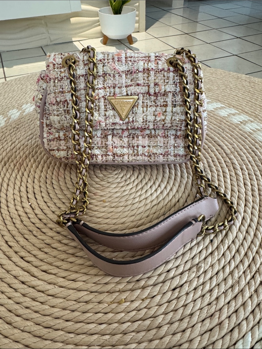 GUESS Pink Tweed Shoulder Bag with Gold Chain